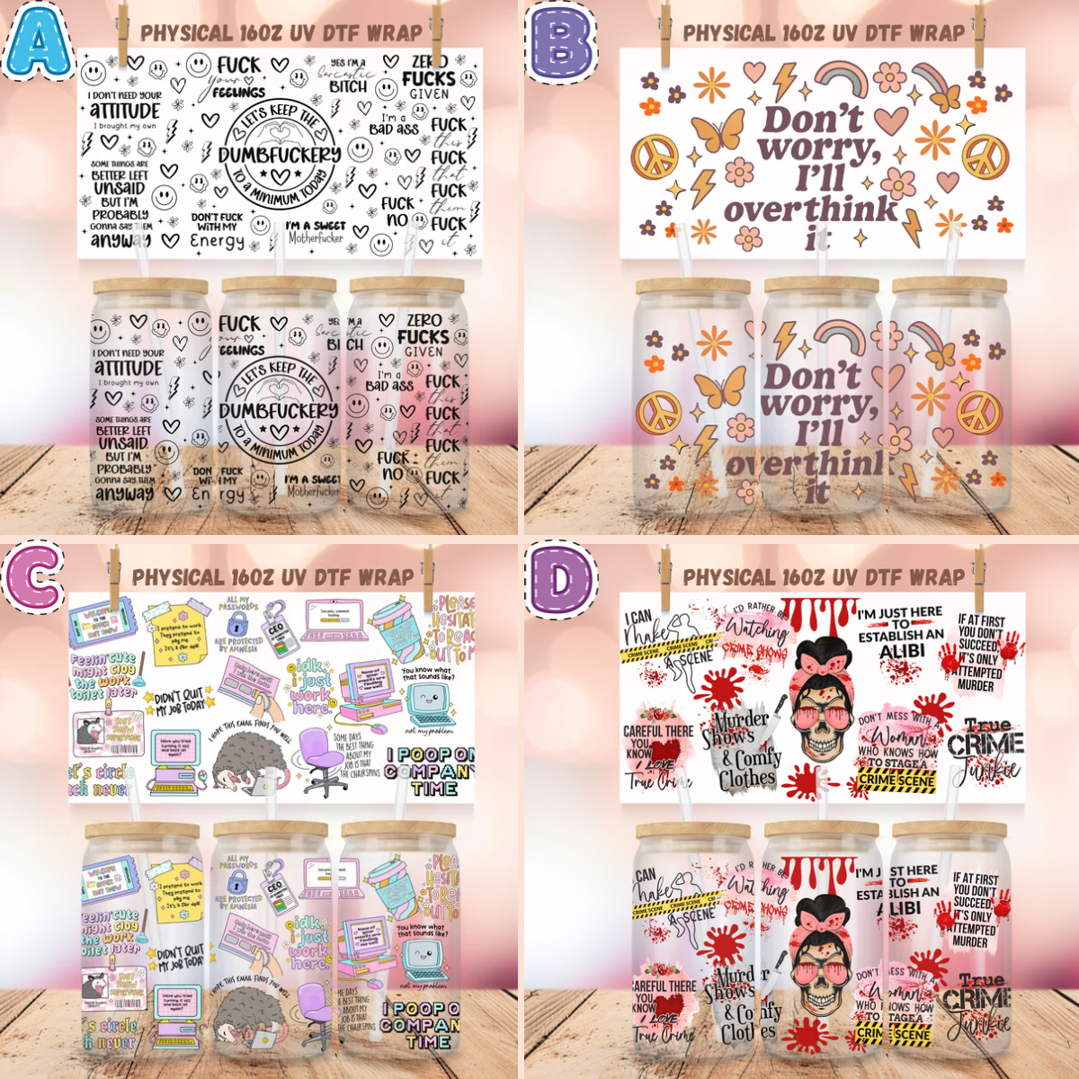 Snarky UV DTF Cup Wraps for 16 oz Glass Cans – NO BUNDLE